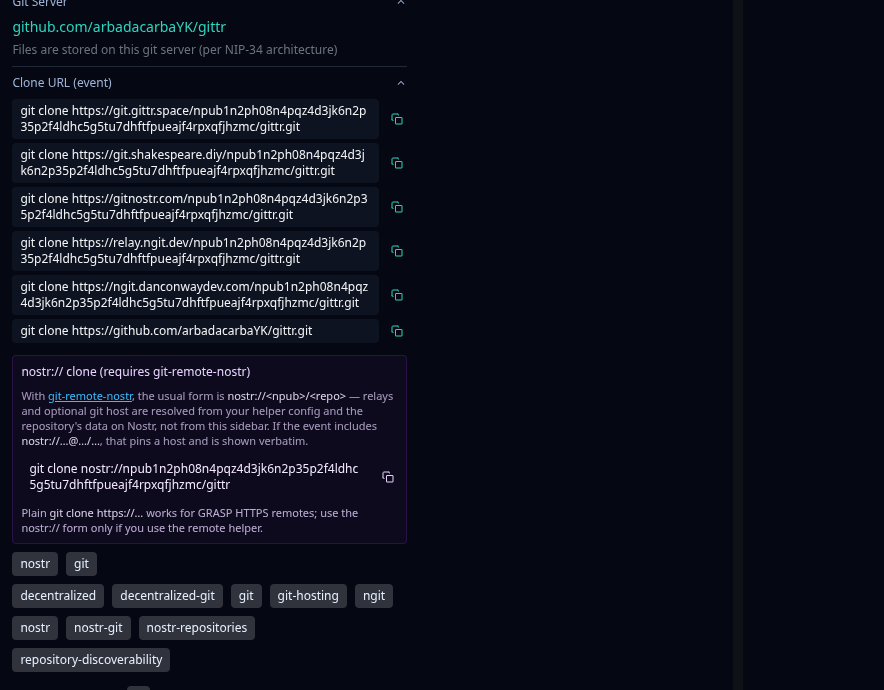 gittr sidebar Clone URL list starting with git.gittr.space for the gittr repo